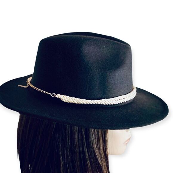 Black Tall Dented Crown Gold Chain Rope Hat Band Fedora Hat NEW - Picture 3 of 5